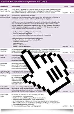Preisliste Körper im Kosmetikstudio 