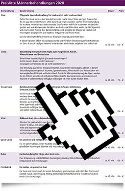 Preisliste Männer im Kosmetikstudio 